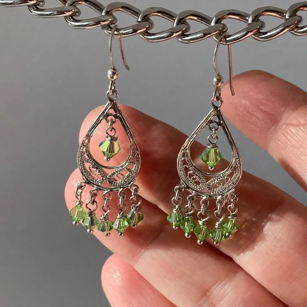 Delicate silver tone and leaf green chandelier earrings